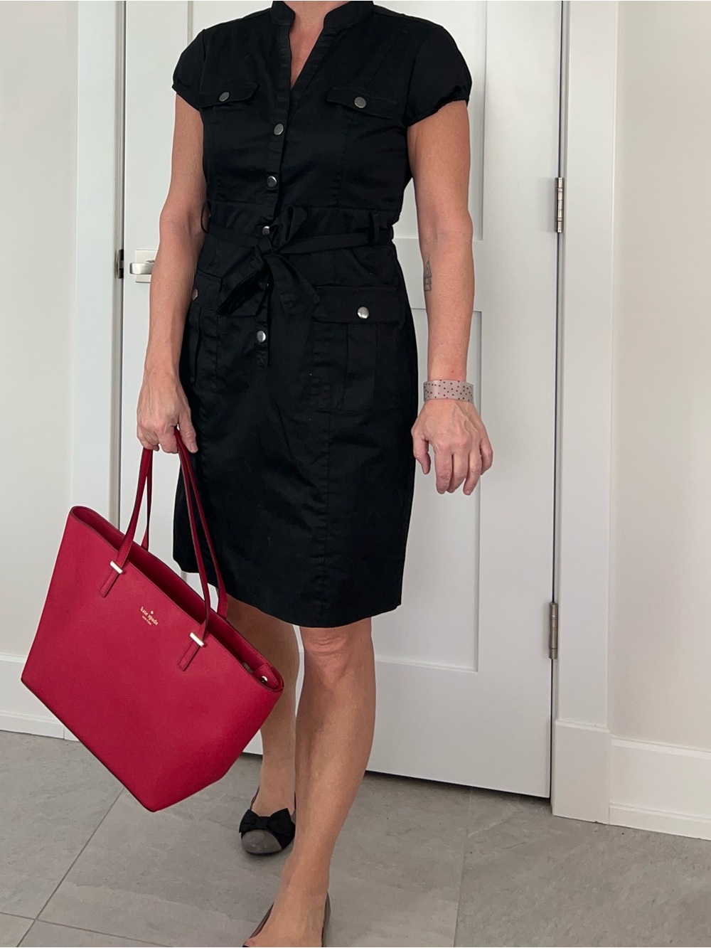 Old Navy Black Short-Sleeve Belted  Dress